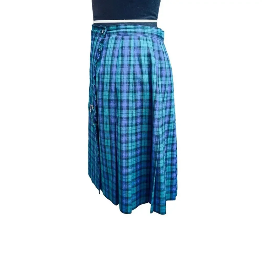 Vtg 90s Pleated Plaid Tartan Fringe Kilt Wool Preppy Academia Wrap Skirt M - Picture 2 of 6